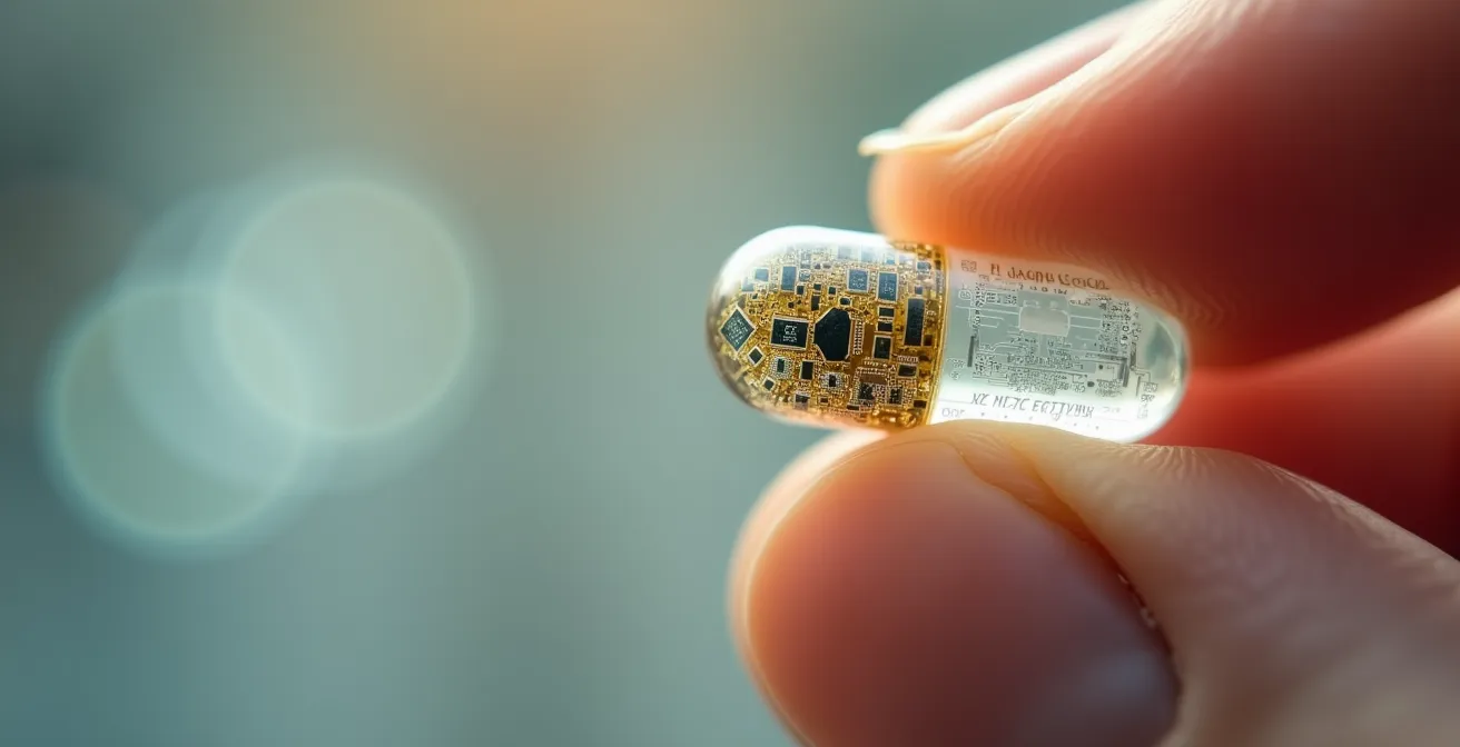 Close-up of a wireless pH monitoring capsule used for testing stomach acid levels